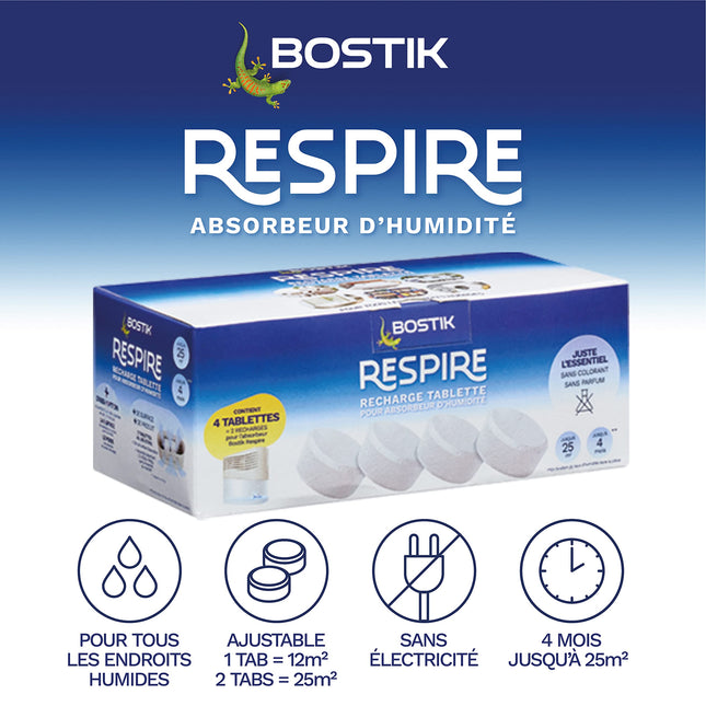 Bostik SPIRE 4 Dehumidifier Tablet Refills, No Colouring or Fragrance for Home, Apartment and Caravan, Rooms up to 25 m², Refills Tabs 4 x 250 g Moisture Absorber 30623618 White