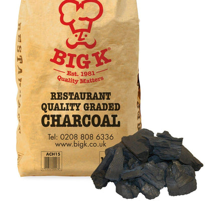 Big K Dura Restaurant Grade Charcoal, 15kg Bag 100% Natural White Quebracho Lumpwood Charcoal, Long lasting, Easy to light, and burns with no smoke, ‎16 x 45 x 77 cm