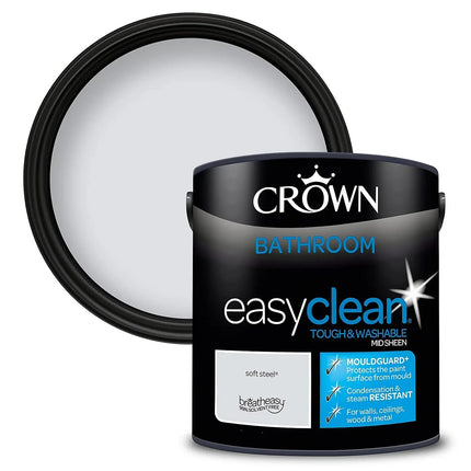 2.5L CROWN Easyclean Bathroom MID-SHEEN Emulsion Multi Surface Paint With MOULDGUARD+ That can be Used on Walls, Ceilings, Wood and Metal. Stain & Scrub Resistant Formula – Soft Steel