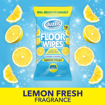 Duzzit Floor Wipes - Cleans & Shines | 100% Biodegradable - Made From Plant Fibres | For Ceramic, Wood and Linoleum Floors (16 Biodegradable Wipes, Lemon)