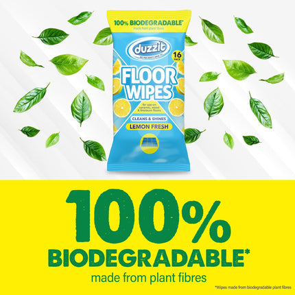 Duzzit Floor Wipes - Cleans & Shines | 100% Biodegradable - Made From Plant Fibres | For Ceramic, Wood and Linoleum Floors (16 Biodegradable Wipes, Lemon)