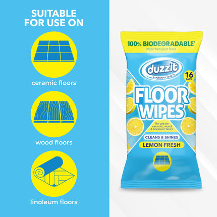 Duzzit Floor Wipes - Cleans & Shines | 100% Biodegradable - Made From Plant Fibres | For Ceramic, Wood and Linoleum Floors (16 Biodegradable Wipes, Lemon)