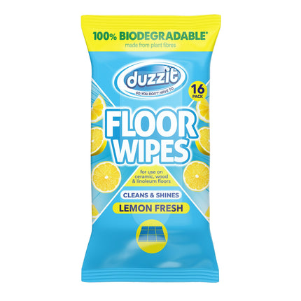 Duzzit Floor Wipes - Cleans & Shines | 100% Biodegradable - Made From Plant Fibres | For Ceramic, Wood and Linoleum Floors (16 Biodegradable Wipes, Lemon)