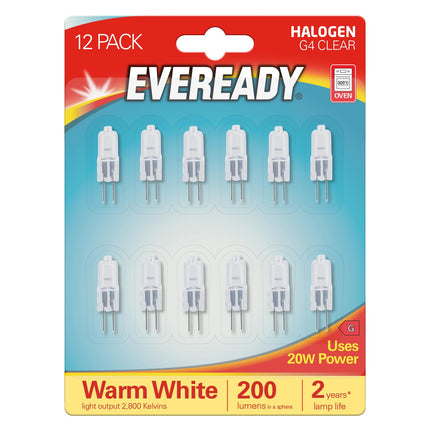 Eveready G4 Halogen Light Bulbs, Light Bulb, 20W, 12V, 2-Pin Base, Clear Capsule, Warm White, Dimmable, 12-Pack