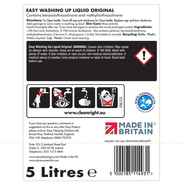 Easy Original Dish Washing Up Liquid Clean Scent Detergent Kitchen Soap 5L Pack Boxed Slamtech