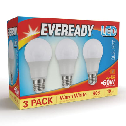 Eveready E27 Screw Bulb - Warm White E27 LED Bulb for Ceiling Lights, Lamps & Edison Screw ES E27 Bulb Fittings - Long Lasting & Energy Saving LED Light Bulb 3000k 806 Lumen 60w Equivalent- Pack of 3