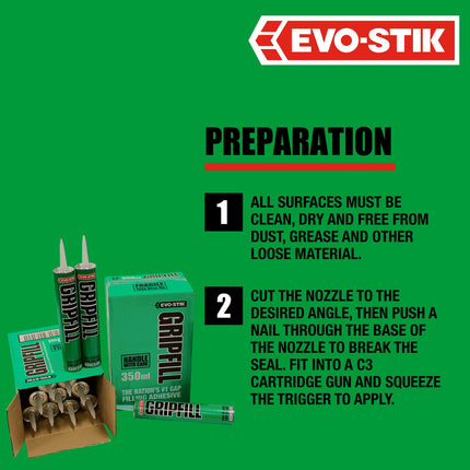 EVO-STIK GRIPFILL Gap Filling Adhesive, Bonds almost any surface, Colour: Buff, 12x 350ml