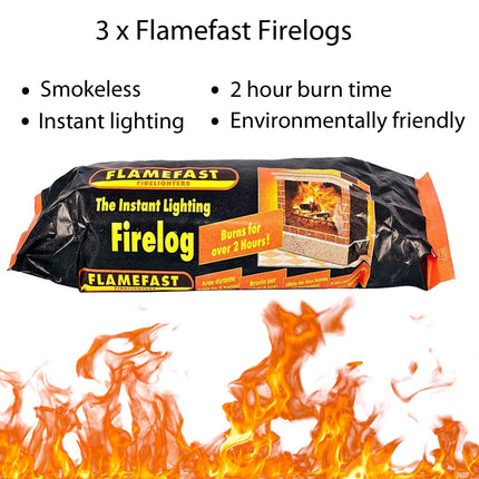 Flamefast 3 x Smokeless Firelogs Instant Lighting, Open Fire, Garden Chimineas 2hrs Burn, Environmentally Friendly