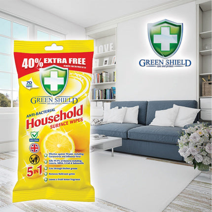 Green Shield Household Surface Wipes, Antibacterial & Antiviral, Lemon Scent, 70 Count Pack of 24, Total 1680 Wipes, Green, Rectangular, Full Sealed Boxes