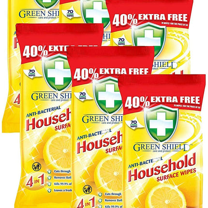 Green Shield Household Surface Wipes, Antibacterial & Antiviral, Lemon Scent, 70 Count Pack of 24, Total 1680 Wipes, Green, Rectangular, Full Sealed Boxes