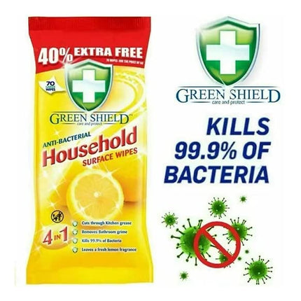 Green Shield Household Surface Wipes, Antibacterial & Antiviral, Lemon Scent, 70 Count Pack of 24, Total 1680 Wipes, Green, Rectangular, Full Sealed Boxes