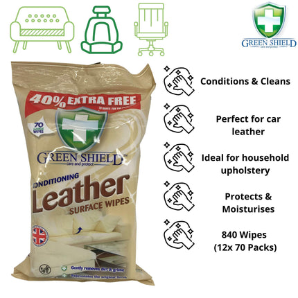 Green Shield Leather Surface Cleaning Wipes: 840 Bulk Wipes in a Retail Display Box (12x70 Packs, Unscented, Clear)