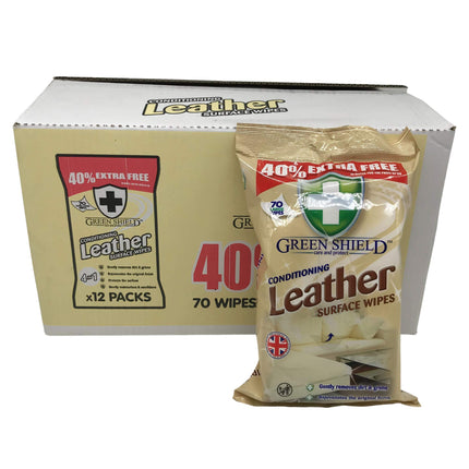 Green Shield Leather Surface Cleaning Wipes: 840 Bulk Wipes in a Retail Display Box (12x70 Packs, Unscented, Clear)