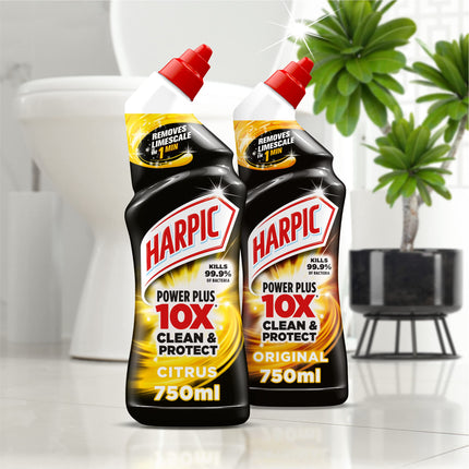 Harpic Powerplus Toilet Cleaning Gel, Citrus Fresh, Pack 12 x 750 ml, Removes Limescale, Kills 99.9% of Bacteria, Powerful Deep Clean Toilet Cleaner, toilet freshener