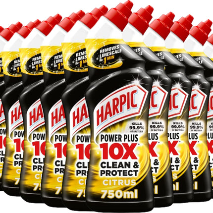 Harpic Powerplus Toilet Cleaning Gel, Citrus Fresh, Pack 12 x 750 ml, Removes Limescale, Kills 99.9% of Bacteria, Powerful Deep Clean Toilet Cleaner, toilet freshener