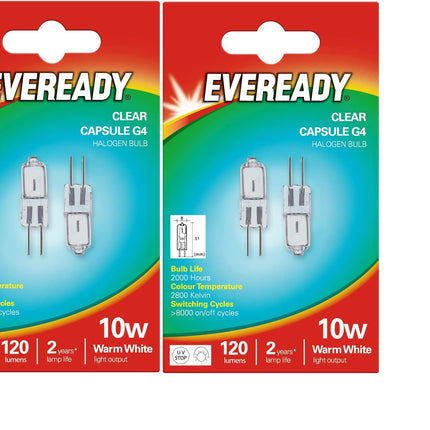 4 x Eveready G4 10W 12V Halogen Capsule Light Bulbs, Dimmable Lamps, 100 Lumen, 3 Years Life, Clear Finish
