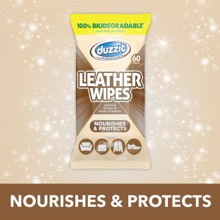 Duzzit Leather Wipes - Nourishes & Protects | 100% Biodegradable - Made From Plant Fibres | Cleans and Shines All Leather - Sofas, Jackets, Bags, Shoes & More (60 Biodegradable Wipes)