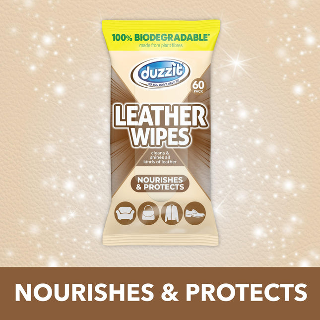 Duzzit Leather Wipes - Nourishes & Protects | 100% Biodegradable - Made From Plant Fibres | Cleans and Shines All Leather - Sofas, Jackets, Bags, Shoes & More (60 Biodegradable Wipes)