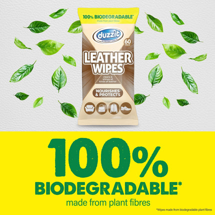 Duzzit Leather Wipes - Nourishes & Protects | 100% Biodegradable - Made From Plant Fibres | Cleans and Shines All Leather - Sofas, Jackets, Bags, Shoes & More (60 Biodegradable Wipes)