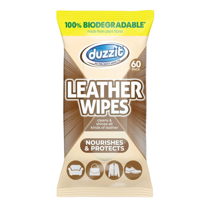 Duzzit Leather Wipes - Nourishes & Protects | 100% Biodegradable - Made From Plant Fibres | Cleans and Shines All Leather - Sofas, Jackets, Bags, Shoes & More (60 Biodegradable Wipes)