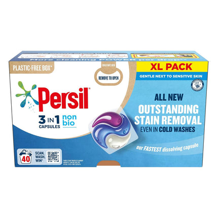 Persil XL 3-In-1 Washing Capsules All New Outstanding Stain Removal Even In Cold Washes With Triple Action Cleaning All In One Power Washing Capsules, 40 Washes (Bio, Buy 4)