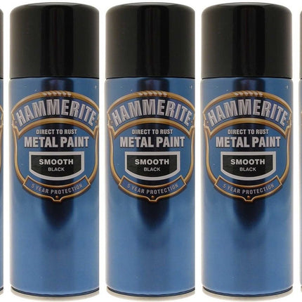 5x Hammerite Smooth Black Metal Spray Paint 400ml x5 Aerosol Tins L M