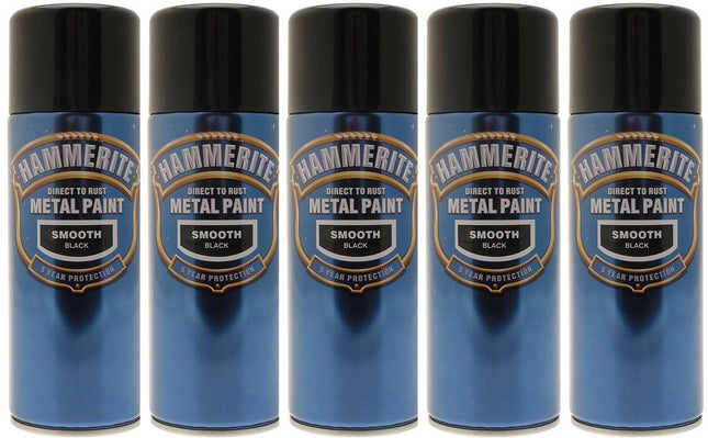 5x Hammerite Smooth Black Metal Spray Paint 400ml x5 Aerosol Tins L M