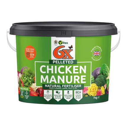 6X Natural Pelleted Chicken Fertiliser, Six Times More Nutrients Than Farm Yard Manure, Fully Composted, Weed Free - 7Kg