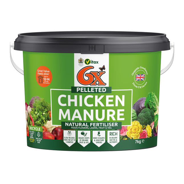 6X Natural Pelleted Chicken Fertiliser, Six Times More Nutrients Than Farm Yard Manure, Fully Composted, Weed Free - 7Kg