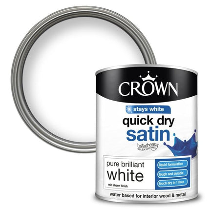 Crown Quick Dry Satin Paint Brilliant White 750ml, Wood, Metal, Int/Ext