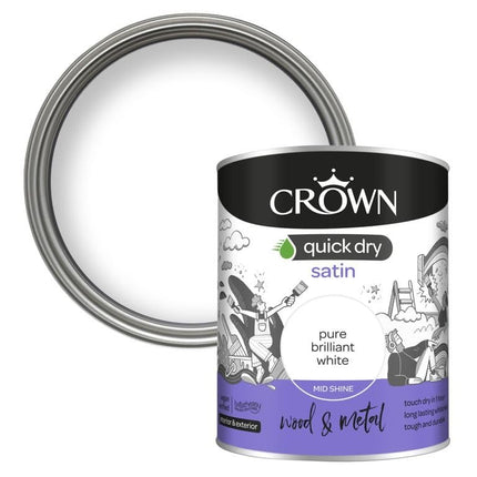 Crown Quick Dry Satin Paint Brilliant White 750ml, Wood, Metal, Int/Ext