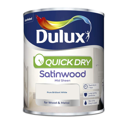 Dulux Quick Dry Satinwood Paint For Wood And Metal - Pure Brilliant White 750 ml