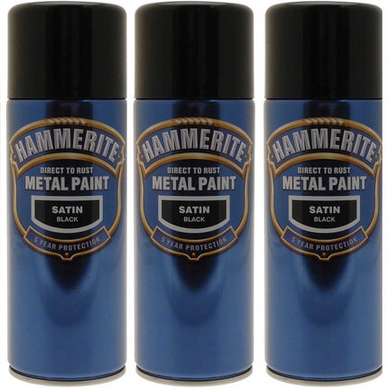5x Hammerite Satin Black Metal Spray Paint 400ml Aerosol Tins x5
