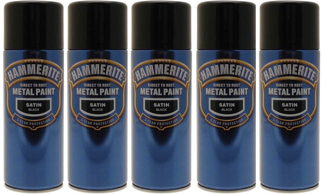 5x Hammerite Satin Black Metal Spray Paint 400ml Aerosol Tins x5