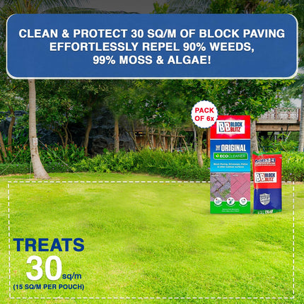 Block Blitz Block Paving Eco Cleaner, Garden Cleaner. Removes and Prevents Algae, Moss, and Black Spot. Deters Weed Growth for up to 6 Months. 6 x Pouches. Treats 30 sq/m.