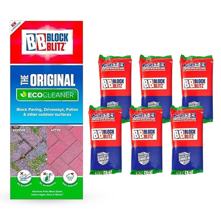 Block Blitz Block Paving Eco Cleaner, Garden Cleaner. Removes and Prevents Algae, Moss, and Black Spot. Deters Weed Growth for up to 6 Months. 6 x Pouches. Treats 30 sq/m.