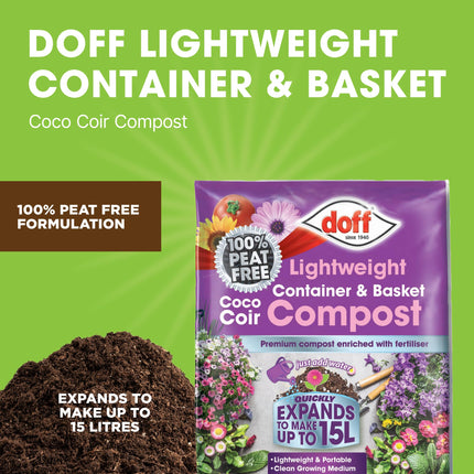 Doff Lightweight Container & Basket Compost – Expands 15L Peat-Free Plant Feed & Garden Fertiliser – Coco Coir Compost Enriched with Fertiliser – Indoor & Outdoor Plants
