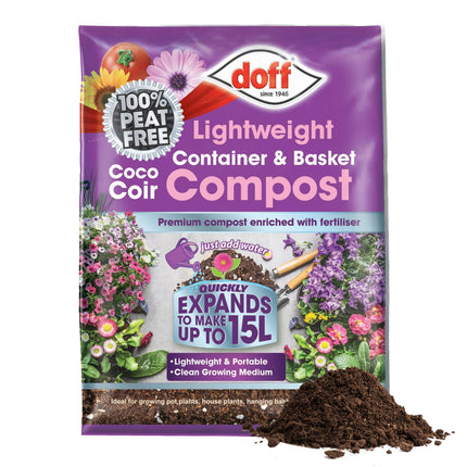 Doff Lightweight Container & Basket Compost – Expands 15L Peat-Free Plant Feed & Garden Fertiliser – Coco Coir Compost Enriched with Fertiliser – Indoor & Outdoor Plants