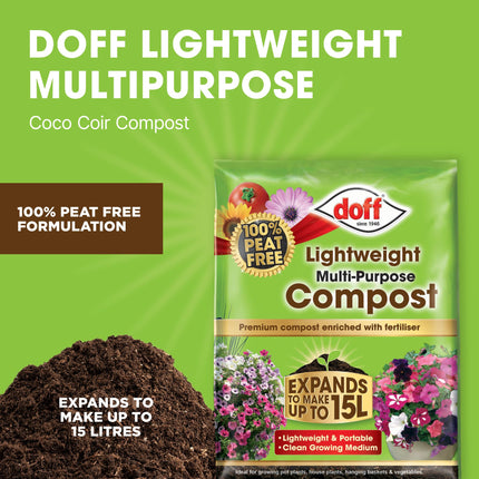 Doff Lightweight Multipurpose Compost– Expands 15L Peat-Free for Clean Re-Usable Gardening – Contains Nutrient & Retains Moisture – Coco Coir Compost Enriched with Fertiliser – Indoor & Outdoor Plants