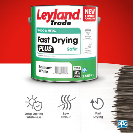 Leyland Trade – Wood & Metal - Fast Drying - Satin - Brilliant White – - Enhanced Durability – Excellent Flow & Professional Finish - 750ml
