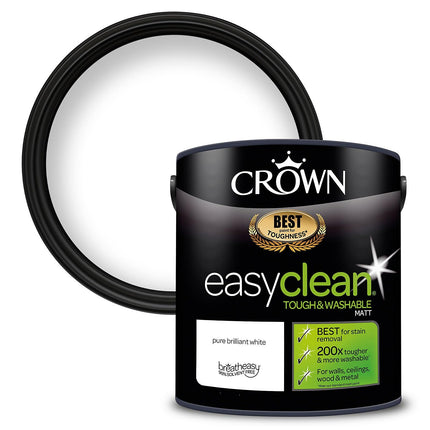 2.5L CROWN Easy Clean MATT Emulsion Multi Surface Paint That can be Used on Walls, Ceilings, Wood and Metal. Stain & Scrub Resistant Formula – Pure Brilliant White