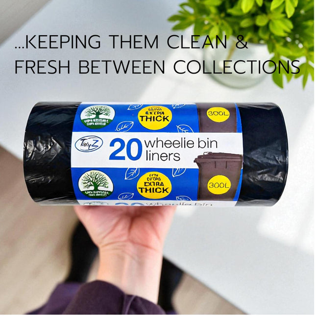 20 TidyZ Extra LARGE 300L Wheelie Bin Bags. Made from 100% Recycled plastic. Heavy Duty Black Wheelie Bin Liners. 18 microns. Fits all standard sized wheelie bins