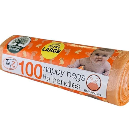 600 TidyZ Extra Large Disposable Nappy Bags. With Tie Handles. Made with a minimum of 30% Recycled Plastic. On a roll for Safety. Suitable for babies nappies, wipes, travel waste. 6 rolls of 100 bags