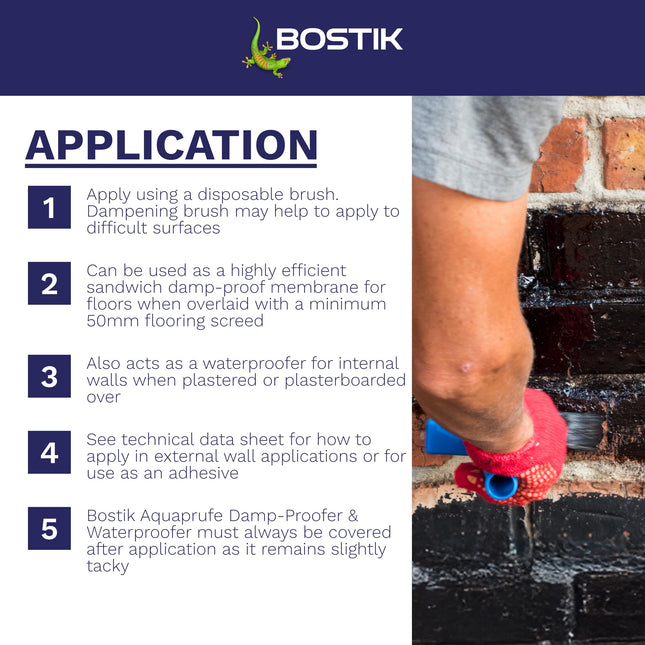 Bostik Aquaprufe Damp Proofer & Waterproofer Black - 5L - Solvent-Free Waterproofer - Can be applied to wet surfaces - Interior & Exterior