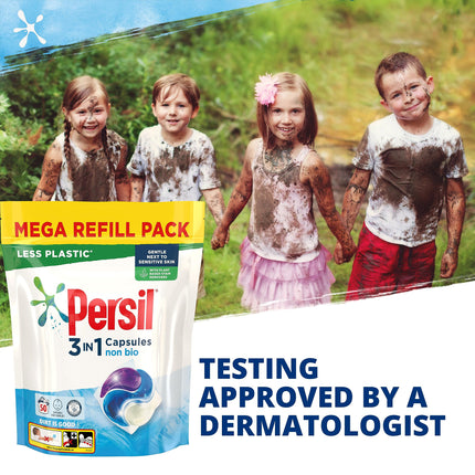 Persil 3 in 1 Non Bio Laundry Washing Capsules removes stains first time for washing that's gentle next to sensitive skin 3x 50 capsules (150 washes)