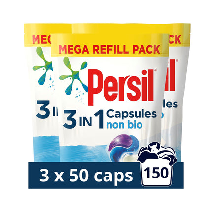Persil 3 in 1 Non Bio Laundry Washing Capsules removes stains first time for washing that's gentle next to sensitive skin 3x 50 capsules (150 washes)