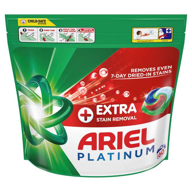 Ariel Platinum PODS®, Washing Liquid Laundry Detergent Capsules 120 Washes (60x2), +Extra Stain Removal, Remove Even 7-Day Dried-In Stains