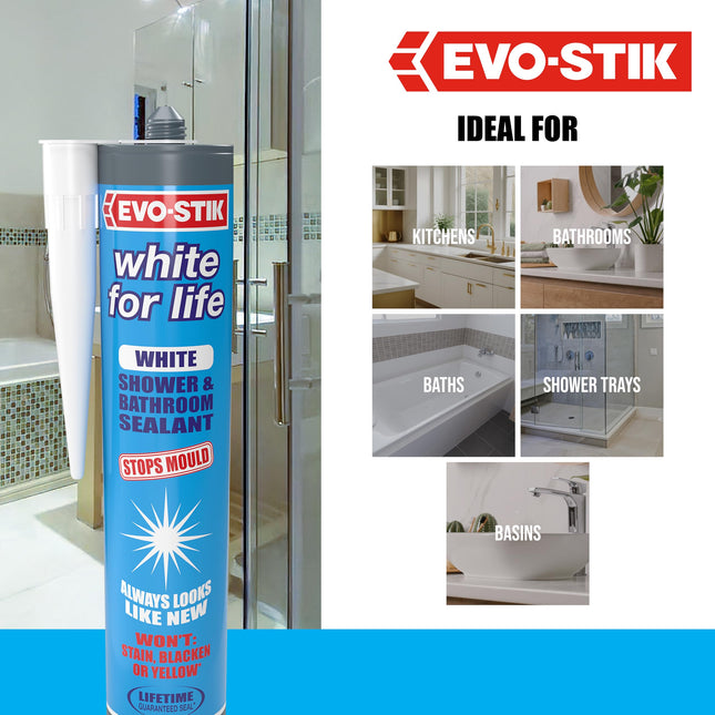 EVO-STIK White for Life White - Shower & Bathroom Sealant - Stops Mould - Stays Looking New