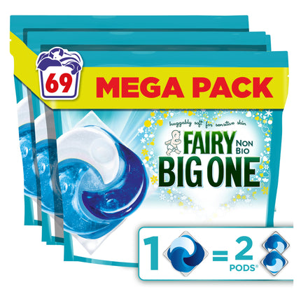 Fairy Non Bio The Big One PODS®, Washing Liquid Laundry Detergent Capasules, 69 Washes (3x23), 2X Stain Removal, Huggably Soft For Sensitive Skin