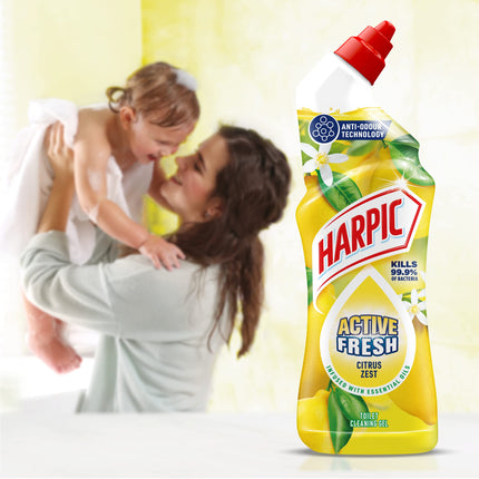 Harpic Active Fresh Toilet Cleaning Gel, Citrus Zest , Pack 12 x 750 ml, Infused with Essential Oils, Kills 99.9% of Bacteria, Toilet Cleaner